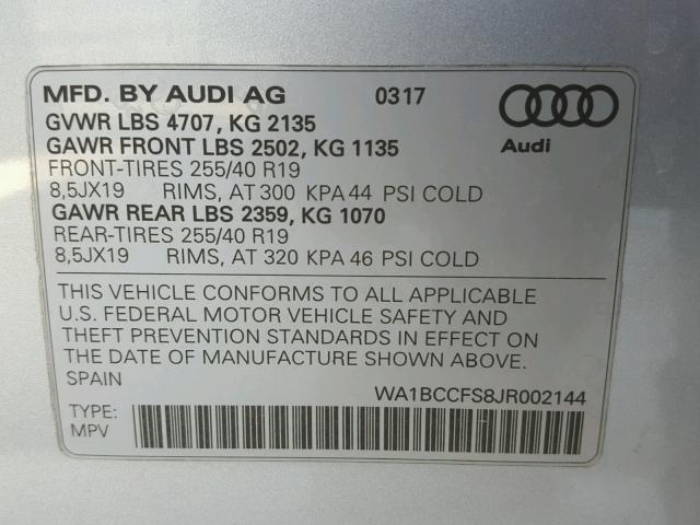 WA1BCCFS8JR002144 - 2018 AUDI Q3 PREMIUM SILVER photo 10