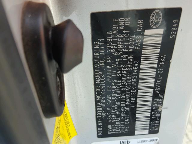 4T4BF3EK3BR214643 - 2011 TOYOTA CAMRY BASE SILVER photo 10