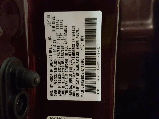 5J6RM4H57FL116686 - 2015 HONDA CR-V EX RED photo 10