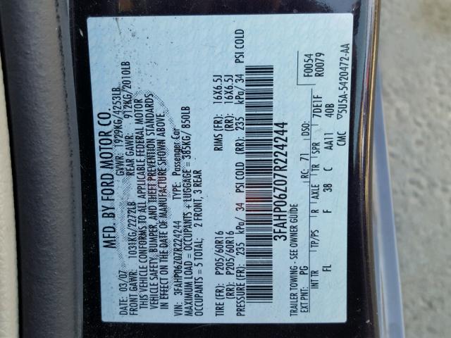 3FAHP06Z07R224244 - 2007 FORD FUSION S PURPLE photo 10