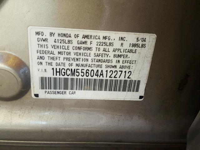 1HGCM55604A122712 - 2004 HONDA ACCORD EX GRAY photo 10