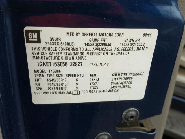 1GKET16S056122927 - 2005 GMC ENVOY XL BLUE photo 10