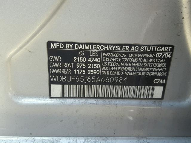 WDBUF65J65A660984 - 2005 MERCEDES-BENZ E 320 SILVER photo 10