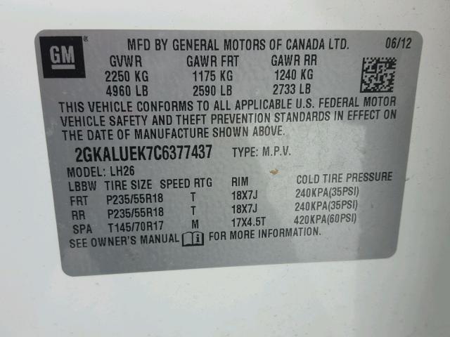 2GKALUEK7C6377437 - 2012 GMC TERRAIN SL WHITE photo 10