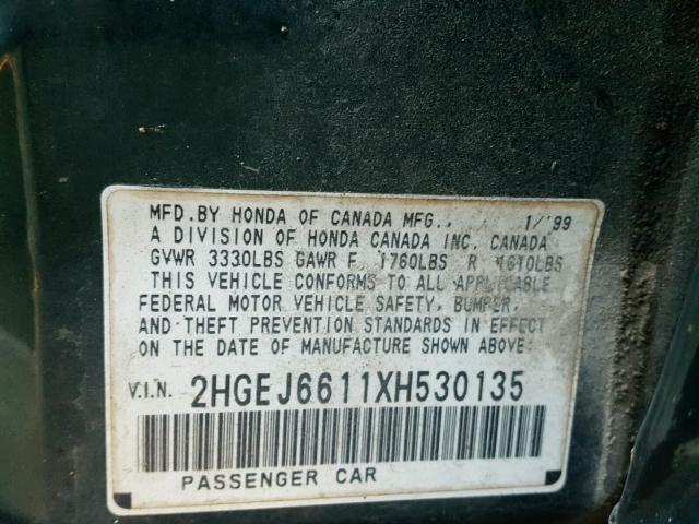 2HGEJ6611XH530135 - 1999 HONDA CIVIC BASE GREEN photo 10