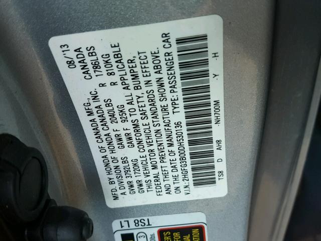 2HGFG3B00DH530136 - 2013 HONDA CIVIC EXL SILVER photo 10