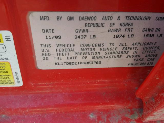 KL1TD6DE1AB053782 - 2010 CHEVROLET AVEO LS RED photo 10