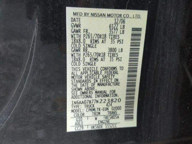 1N6AA07B77N223820 - 2007 NISSAN TITAN XE BLACK photo 10