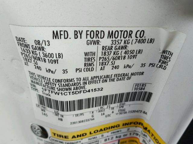 1FTFW1CT5DFD41532 - 2013 FORD F150 SUPER WHITE photo 10