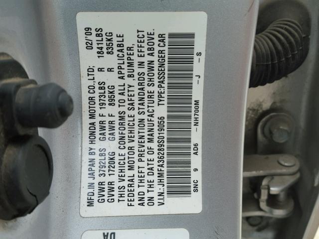 JHMFA36289S019056 - 2009 HONDA CIVIC HYBR SILVER photo 10