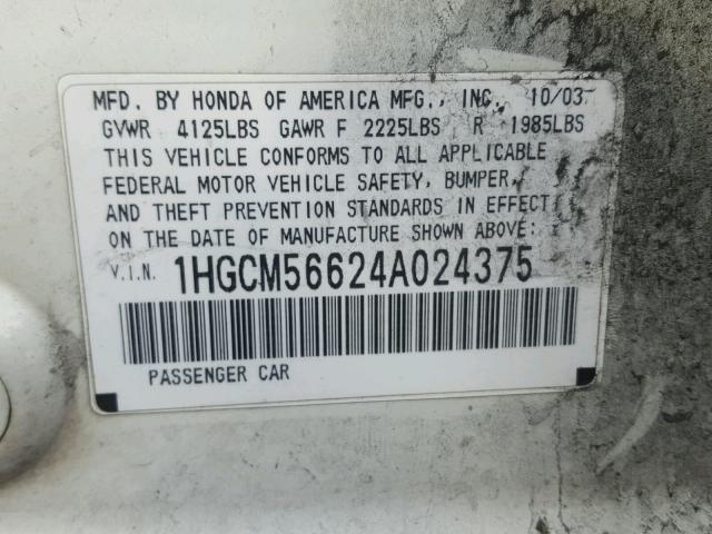 1HGCM56624A024375 - 2004 HONDA ACCORD EX WHITE photo 10