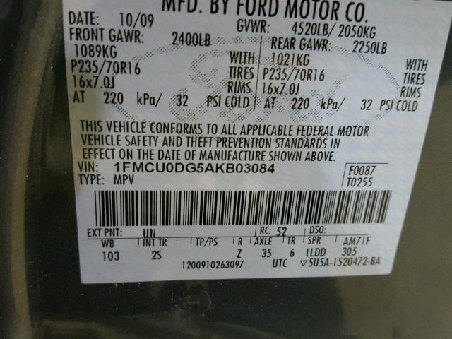 1FMCU0DG5AKB03084 - 2010 FORD ESCAPE XLT BLUE photo 10