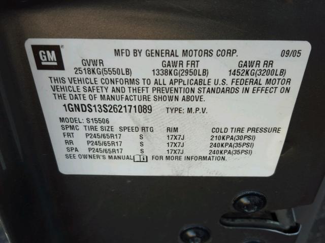 1GNDS13S262171089 - 2006 CHEVROLET TRAILBLAZE GRAY photo 10