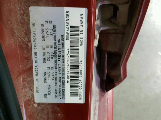 JM1BK343541167544 - 2004 MAZDA 3 HATCHBAC RED photo 10