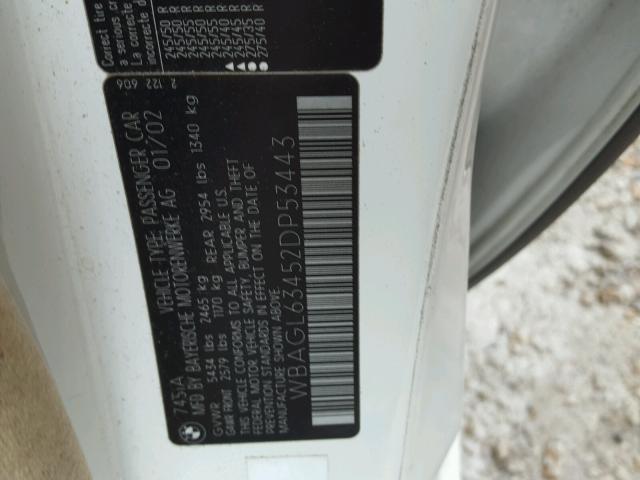 WBAGL63452DP53443 - 2002 BMW 745 I WHITE photo 10