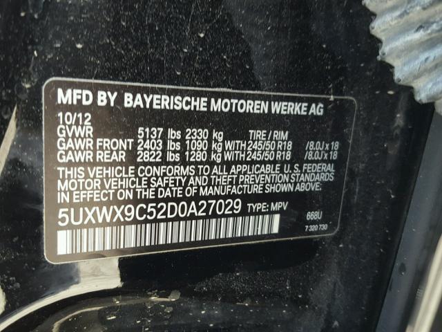 5UXWX9C52D0A27029 - 2013 BMW X3 XDRIVE2 BLACK photo 10