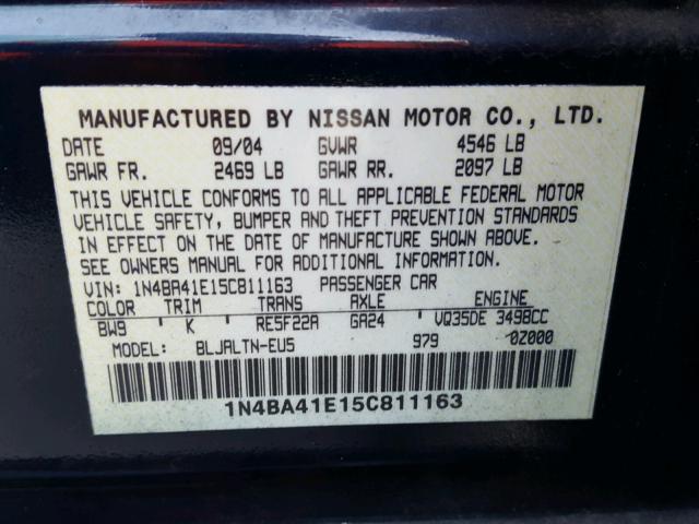 1N4BA41E15C811163 - 2005 NISSAN MAXIMA SE BLUE photo 10