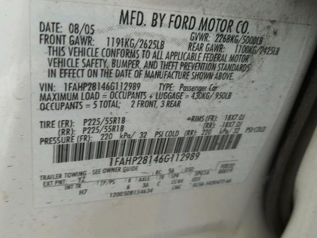 1FAHP28146G112989 - 2006 FORD FIVE HUNDR WHITE photo 10