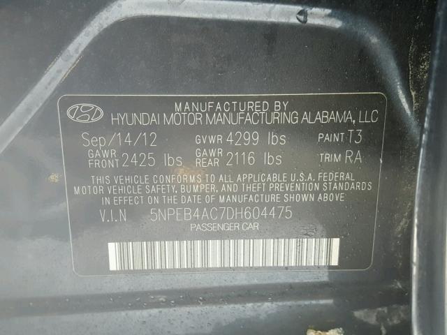 5NPEB4AC7DH604475 - 2013 HYUNDAI SONATA GLS BLACK photo 10