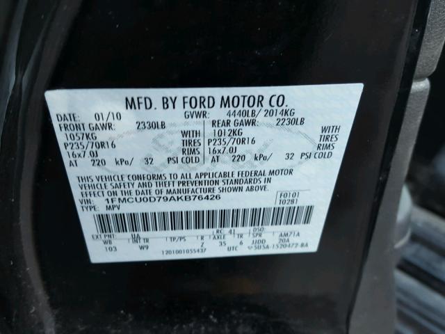 1FMCU0D79AKB76426 - 2010 FORD ESCAPE XLT BLACK photo 10