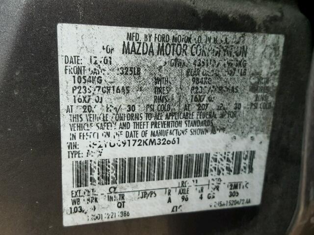 4F2YU09172KM32661 - 2002 MAZDA TRIBUTE LX GRAY photo 10