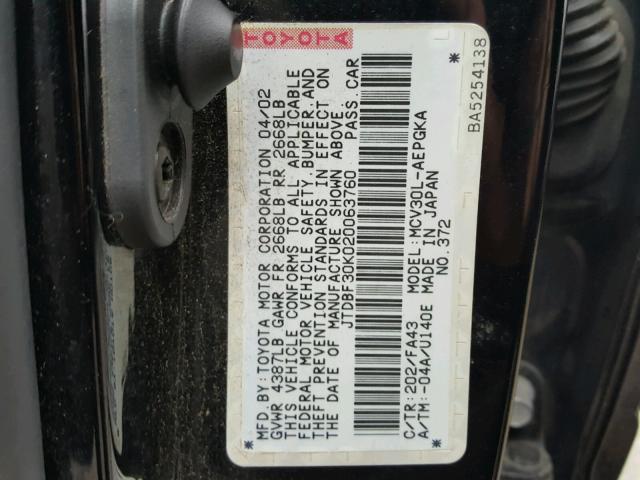 JTDBF30K020063760 - 2002 TOYOTA CAMRY LE BLACK photo 10