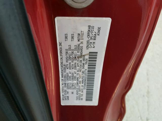 5TESN92N82Z125774 - 2002 TOYOTA TACOMA XTR RED photo 10