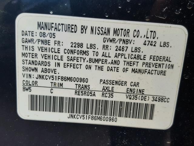 JNKCV51F86M600960 - 2006 INFINITI G35 BLUE photo 10