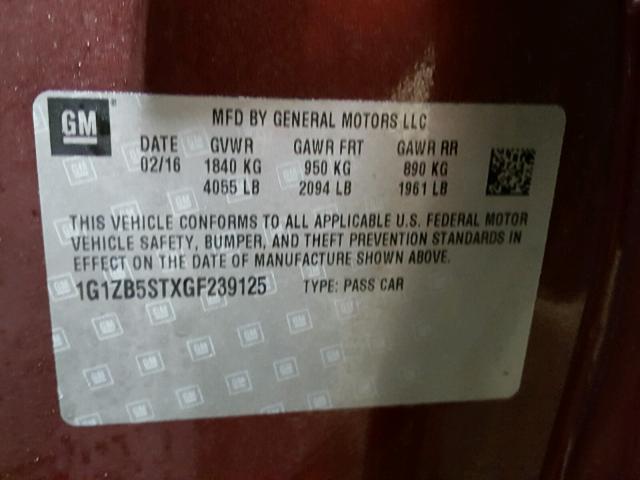1G1ZB5STXGF239125 - 2016 CHEVROLET MALIBU LS ბურგუნდია ფოტო 10