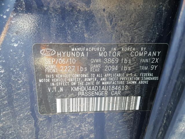 KMHDU4AD1AU184613 - 2010 HYUNDAI ELANTRA BL BLUE photo 10