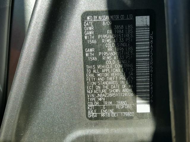 JN8AZ28R59T124726 - 2009 NISSAN CUBE BASE GRAY photo 10