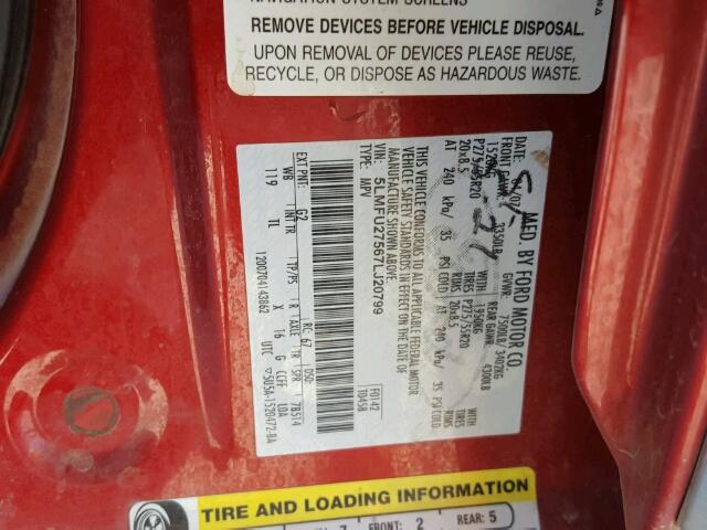 5LMFU27567LJ20799 - 2007 LINCOLN NAVIGATOR წითელი ფოტო 10