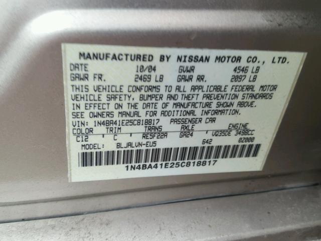 1N4BA41E25C818817 - 2005 NISSAN MAXIMA SE BEIGE photo 10