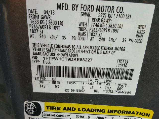 1FTFW1CT9DKE83227 - 2013 FORD F150 SUPER GRAY photo 10