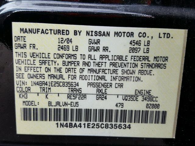 1N4BA41E25C835634 - 2005 NISSAN MAXIMA SE BLACK photo 10