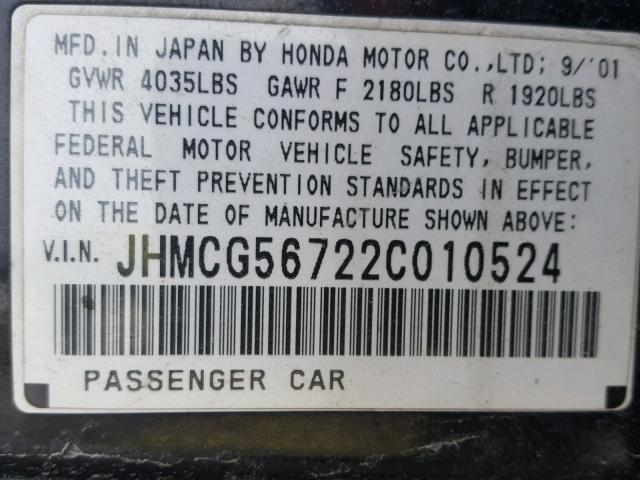 JHMCG56722C010524 - 2002 HONDA ACCORD SE BLACK photo 10