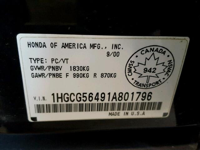 1HGCG56491A801796 - 2001 HONDA ACCORD LX BLACK photo 10