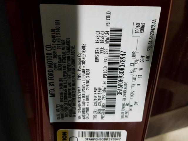 3FA6P0H93DR378947 - 2013 FORD FUSION SE BURGUNDY photo 10