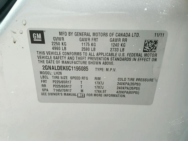 2GNALDEK6C1196085 - 2012 CHEVROLET EQUINOX LT SILVER photo 10