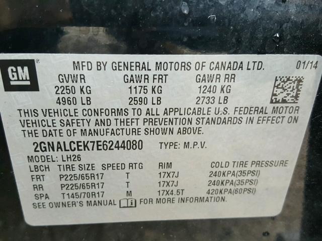 2GNALCEK7E6244080 - 2014 CHEVROLET EQUINOX LT BLACK photo 10