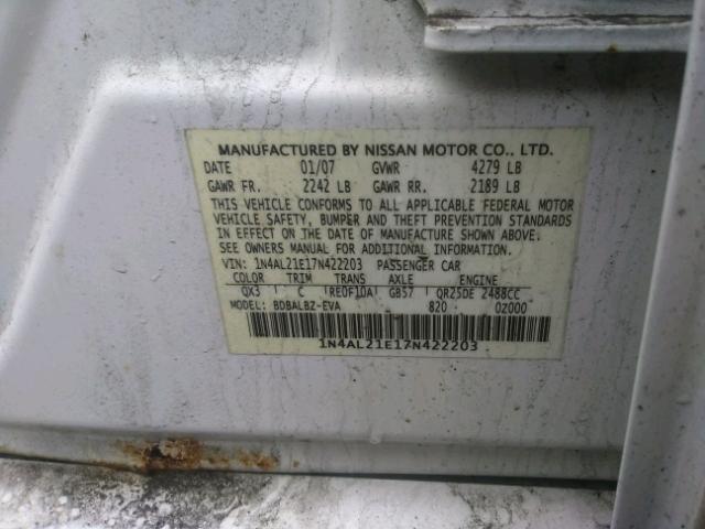 1N4AL21E17N422203 - 2007 NISSAN ALTIMA 2.5 WHITE photo 10