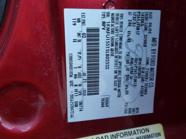 1FMFU15515LB02532 - 2005 FORD EXPEDITION RED photo 10