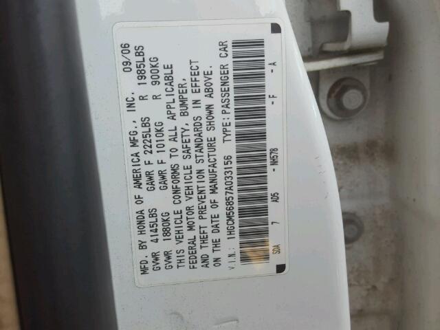 1HGCM56857A033156 - 2007 HONDA ACCORD EX WHITE photo 10