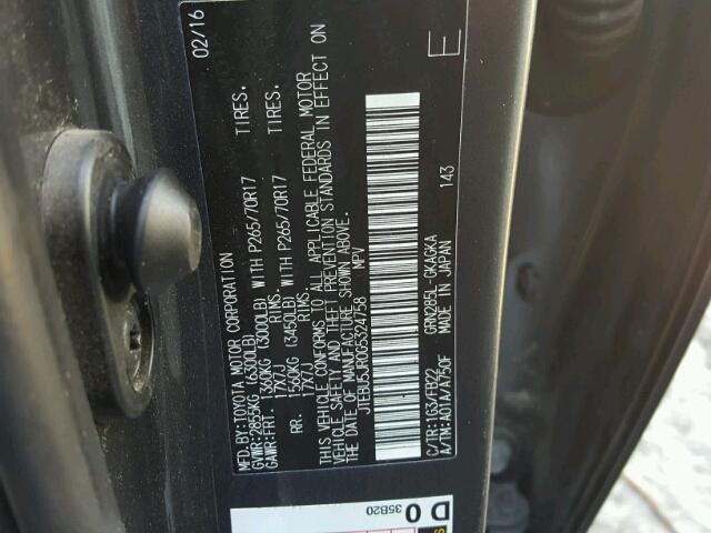 JTEBU5JR0G5324758 - 2016 TOYOTA 4RUNNER SR GRAY photo 10