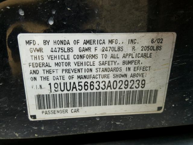 19UUA56633A029239 - 2003 ACURA 3.2TL BLACK photo 10