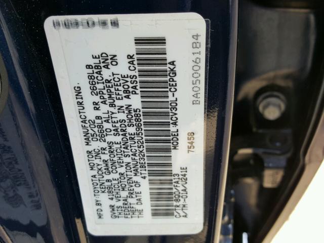 4T1BE32K52U596885 - 2002 TOYOTA CAMRY LE BLUE photo 10