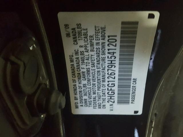 2HGFG12679H541201 - 2009 HONDA CIVIC LX BLACK photo 10