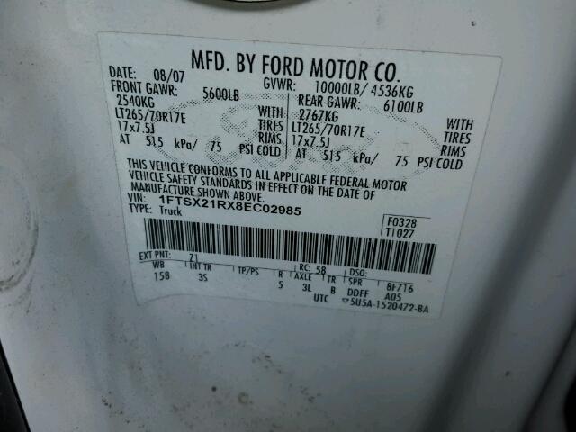 1FTSX21RX8EC02985 - 2008 FORD F250 SUPER WHITE photo 10