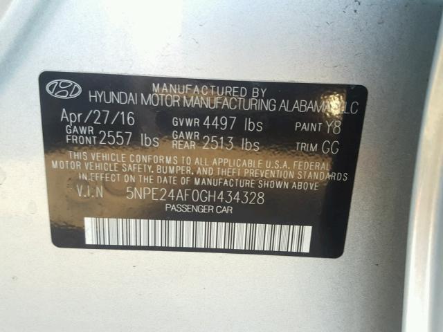 5NPE24AF0GH434328 - 2016 HYUNDAI SONATA SE SILVER photo 10