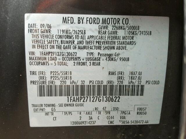 1FAHP27127G130622 - 2007 FORD FIVE HUNDR GRAY photo 10